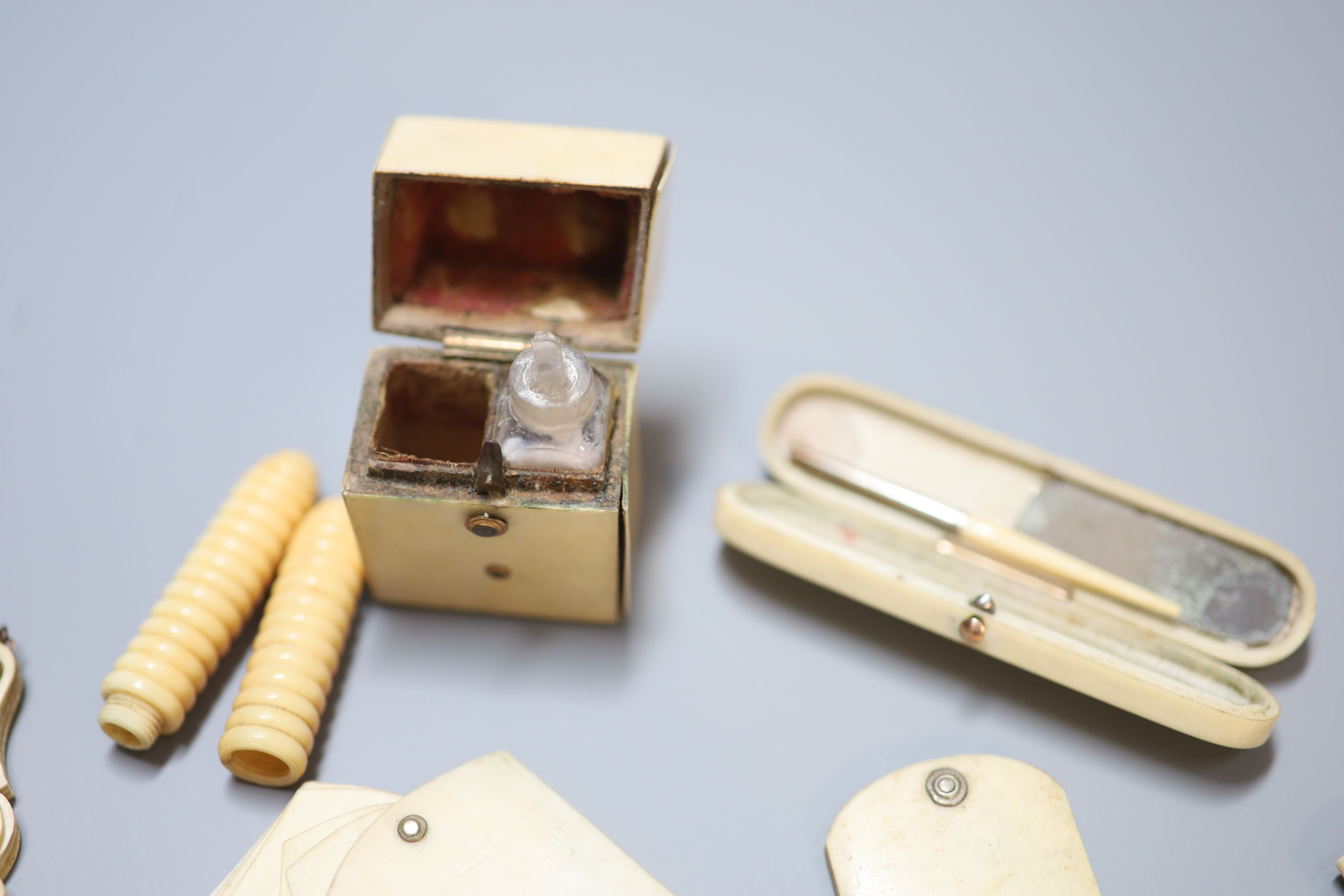 A Regency ivory toothpick case and other assorted accessories